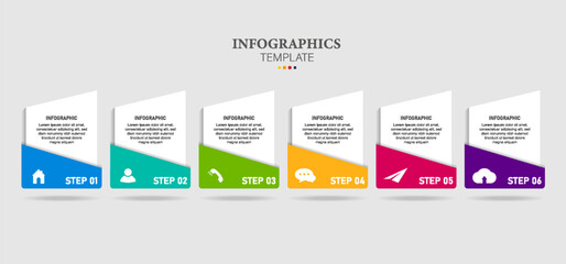 Infographic business model with 6 successive steps. colorful graphic elements. Timeline design for brochure, presentation.