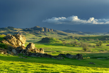 Obraz premium Dramatic sunset over a vast green valley, rugged rock formations in the foreground, and dramatic storm clouds overhead. A stunning landscape photograph.
