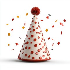 Red and White Polka Dot Party Hat with Confetti on White Background