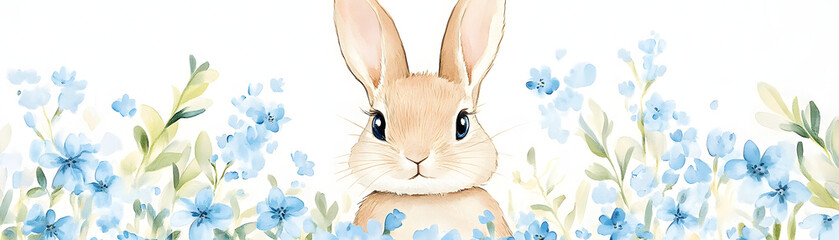cute bunny surrounded by soft blue forget me nots, creating serene and whimsical atmosphere