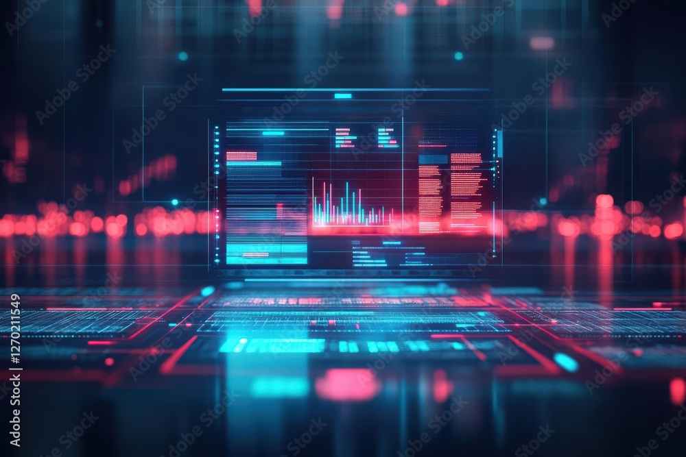 Poster modern laptop displaying complex data visualization on screen in a bright and professional workspace