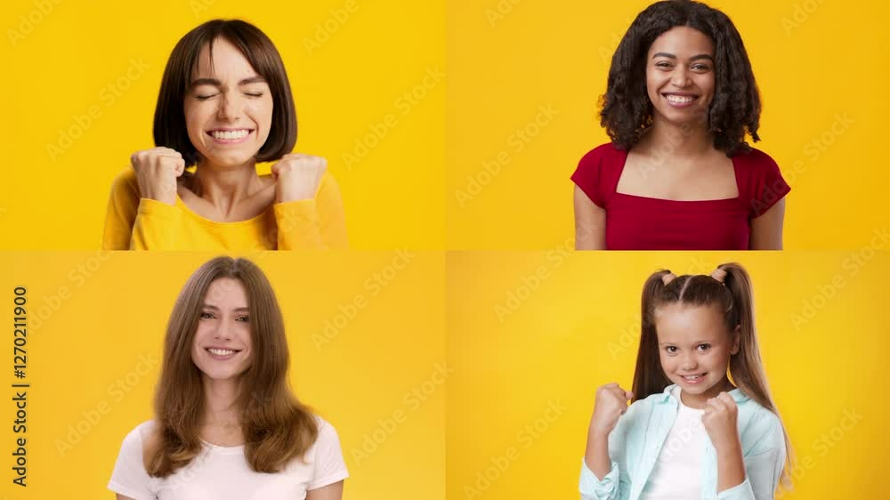 Poster four cheerful individuals display their happiness and excitement through gestures of victory. each p