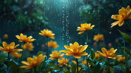 Raindrops cascade gently over vibrant yellow flowers in a lush forest. The soft diffused light creates a tranquil atmosphere filled with natures beauty