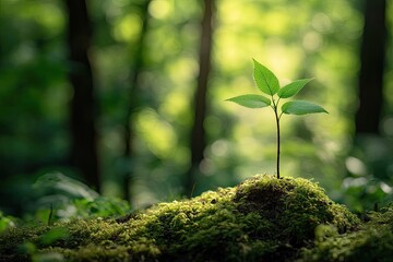 Resilient tree sprout in sunlit woodland surrounded by thriving greenery, representing natural cycles. Perfect for environmental campaigns, book covers, and nonprofit visuals.