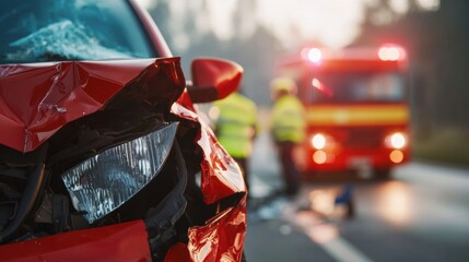 Red car involved in an accident with emergency responders nearby