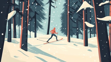 Winter Wonderland Cross-Country Skiing Adventure in Snowy Forest