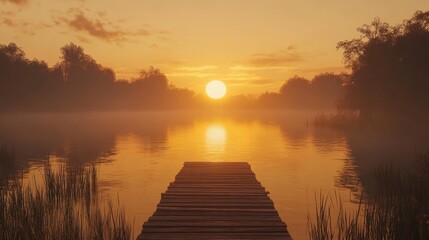 sunset over a pier on a lake  - ai
