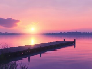 Obraz premium sunset over a pier on a lake - ai