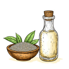 simple and elegant illustration of a sesame oil bottle with a cork top, next to a wooden bowl of sesame seeds and sesame leaves, graphic design style with smooth lines and soft colors, transparent bac
