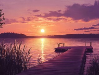 Fototapeta premium sunset over a pier on a lake - ai