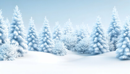 Serene winter wonderland scene with snow-covered pine trees and bushes.  Perfect for holiday cards, calendars, or winter themed designs.
