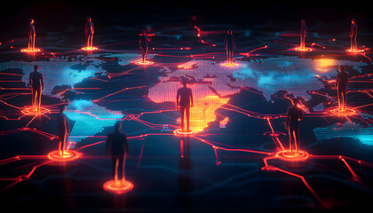 Global network, digital world map, interconnected people, futuristic technology, business connections, worldwide communication, red and blue digital map.