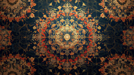 discover stunning intricate abstract mandala art with psychedelic patterns and surreal floral designs on a dark orange and gold digital print for unique wall decor