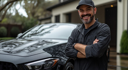 A dedicated car detailer beams with pride in front of a freshly polished vehicle, showcasing his meticulous craftsmanship amid a stunning residential backdrop