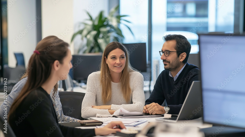Aufkleber A multi-ethnic team engages in a brainstorming session at a sleek office setting. They share ideas, creating a dynamic atmosphere filled with collaboration and innovation, enhancing teamwork