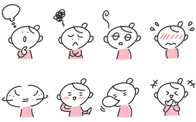 様々な表情の女性のセット　考える・照れる・笑う・恥ずかしい