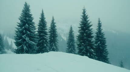 Fototapeta premium Majestic snow-covered evergreen trees stand tall amidst a blizzard, showcasing a serene winter mountain landscape.
