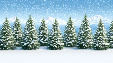 Fototapeta premium Serene winter landscape featuring snow-covered evergreen trees against a backdrop of majestic snow-capped mountains under a softly falling snow.