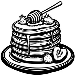 Pancakes with honey and fruits, Retro-Style Food Engravings: Modern Vector Designs with Classic Aesthetic