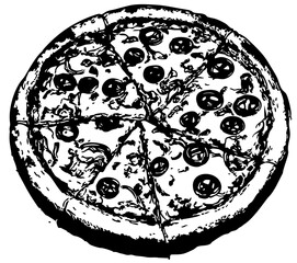 pizza, Minimalist Food Sketches: Classic Black and White Vector Illustrations, isolated, No background