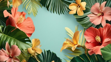 Naklejka premium Tropical flowers frame, blue background, summer design