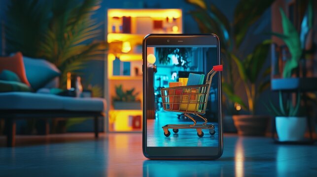 Futuristic online shopping and digital marketing concept featuring a smartphone screen with a virtual shopping cart and new items, representing e-commerce innovation, mobile retail technology, and sea