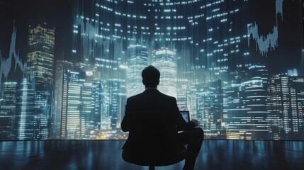 Online stock market trading concept with businessman analyzing financial data on digital screen, featuring real-time graphs, investment charts, and market trends for modern financial technology and ec