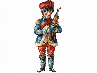 Watercolor nutcracker soldier Christmas ornament primitive folk art festive holiday illustration vintage wooden toy classic winter decor hand-painted nostalgic red blue detailed brushstrokes cheerful