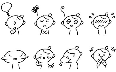 様々な表情の女性のセット　考える・照れる・笑う・恥ずかしい