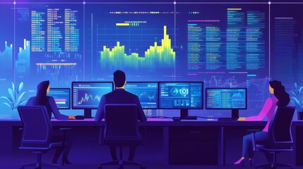 Professional financial data analysts in a high-tech monitoring office analyzing real-time market trends on a large digital screen displaying live financial analytics, with specialists working on compu