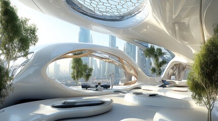 Futuristic lounge, cityscape view, relaxing
