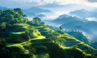 Fototapeta premium Serene sunrise over lush green terraced hills, misty valleys, and distant mountains; idyllic landscape.