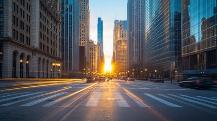 Sunrise City Street, Traffic, Skyscrapers, Urban
