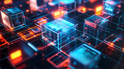 Futuristic 3D Cubes in Blue and Red Gradient on Black Background