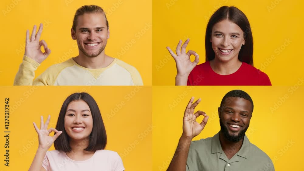 Poster four individuals from different backgrounds express positivity by making an okay gesture, showcasing