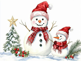 clipart Watercolor snowman Christmas folk art illustration winter holiday decor hand painted primitive vintage rustic seasonal decoration cozy festive Nordic artistic aesthetic snow figure cute