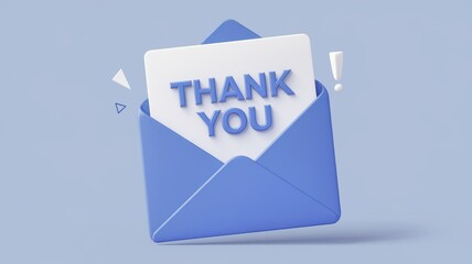 Rendered image of a blue envelope with thank you card