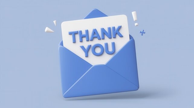Blue envelope displaying a thank you card with floating elements