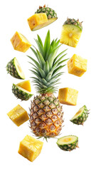 flying pineapple slices isolated on transparent white background, clipping path