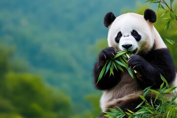 Obraz premium Gentle Panda Sitting Amongst Lush Green Bamboo Forest Enjoying a Healthy Meal in a Peaceful Natural Habitat Evoking Tranquility and Harmony with Nature