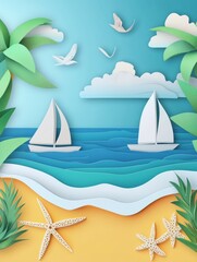 Obraz premium Tropical beach scene depicted in paper art style - ai