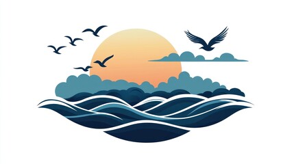 Stylized seascape illustration with birds, sun, clouds and waves