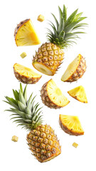 flying pineapple slices isolated on transparent white background, clipping path