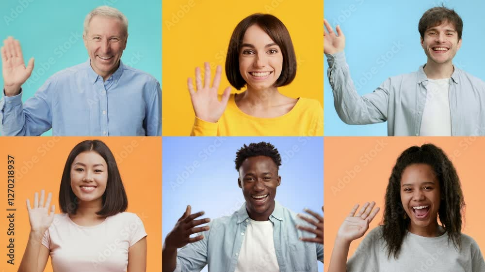 Poster A cheerful collection of diverse individuals wave hello with bright smiles. The setting features vibrant colored backgrounds, showcasing positivity and warmth in gestures.