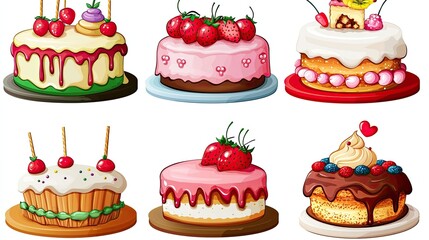 Colorful assortment of delicious cakes with various toppings and decorations on display