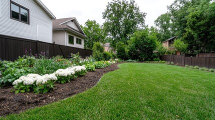 Naklejka premium Backyard Garden with Lush Grass and Flowers