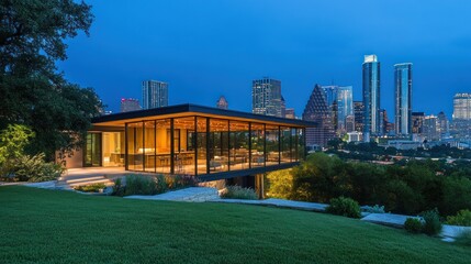 Modern Glass Pavilion overlooking Austin Skyline at Dusk