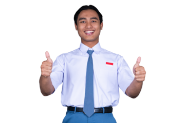 Indonesian Male High School Student in Uniform Giving a Thumbs Up Isolated Transparent