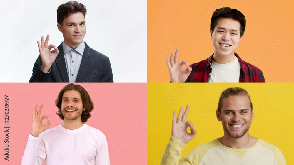 Poster Four men of showcase an OK gesture, smiling confidently in a vibrant collage. Each individual is set against a distinct colorful background, emphasizing unity in diversity.