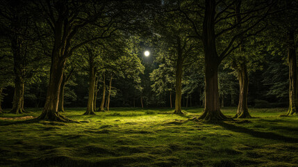 Obraz premium peaceful moonlit glade surrounded by towering trees, creating serene atmosphere